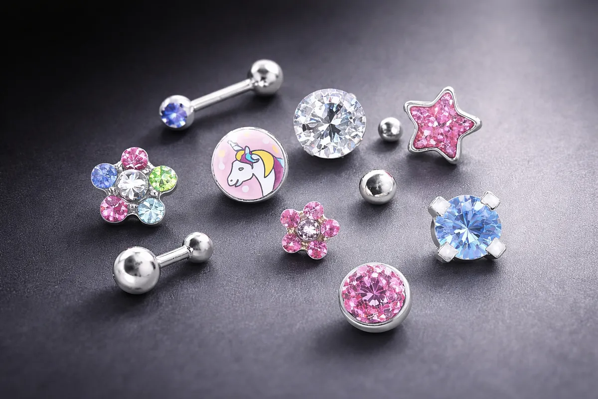 Farbige Ohrstecker für Kinder in moderner, minimalistischer Darstellung